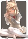  1girl alpaca_ears alpaca_suri_(kemono_friends) alpaca_tail animal_ear_fluff animal_ears bangs black_background black_eyes blonde_hair commentary_request extra_ears eyebrows_visible_through_hair fur-trimmed_sleeves fur-trimmed_vest fur_collar fur_trim hair_ornament hair_over_one_eye hairclip highres kemono_friends legwear_under_shorts long_sleeves medium_hair no_shoes open_mouth pantyhose shirt shorts simple_background sitting solo tail thin_(suzuneya) vest white_legwear white_shirt 