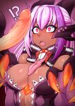  !? 1boy 1girl ^^^ animal_hands bare_shoulders breasts center_opening claws commentary dark-skinned_female dark_skin dragon_girl eyebrows_visible_through_hair fangs frenchthenhen hetero highres horns jabberwock_(monster_girl_encyclopedia) large_breasts large_penis long_hair looking_at_penis mixed-language_commentary monster_girl monster_girl_encyclopedia multicolored_hair open_mouth penis penis_awe pink_eyes pink_hair purple_hair solo_focus streaked_hair tongue two-tone_hair uncensored upper_body veins veiny_penis 