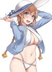  1girl bikini blue_eyes blush braid breasts brown_hair cleavage cowboy_shot eyebrows_visible_through_hair hair_between_eyes hair_ornament hat highres kantai_collection kiritto large_breasts long_hair long_sleeves navel open_mouth propeller_hair_ornament simple_background solo swimsuit teruzuki_(kancolle) twin_braids upper_teeth white_background white_bikini white_headwear 