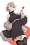  1girl absurdres belt black_legwear black_sweater breasts closed_mouth dress earrings eyebrows_visible_through_hair from_behind garter_straps girls&#039;_frontline grey_hair highres holding holding_star hoop_earrings jewelry large_breasts looking_at_viewer marrrrrr medium_hair red_eyes red_star rmb-93_(girls&#039;_frontline) silver_hair smile solo standing star_(symbol) sweater sweater_dress thighhighs white_background 