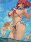  3girls animal_ears areola_slip areolae ass ball beachball bikini blonde_hair bouncing_breasts breasts cat_ears cleavage cutesexyrobutts fish hairband highres large_breasts long_hair midriff multiple_girls mythra_(xenoblade) nia_(xenoblade) pyra_(xenoblade) red_bikini red_hair short_hair side-tie_bikini swimsuit thighs water xenoblade_chronicles_(series) xenoblade_chronicles_2 