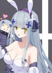  1girl absurdres animal_ears bangs bare_shoulders breasts bunny_ears character_doll cleavage commentary_request detached_sleeves dress eyebrows_visible_through_hair facial_hair fake_animal_ears girls&#039;_frontline green_eyes hair_ornament hairband hand_puppet heart highres hk416_(girls&#039;_frontline) large_breasts long_hair official_alternate_costume open_mouth puppet silver_hair solo strapless strapless_dress umi_okami_kun upper_body white_dress 