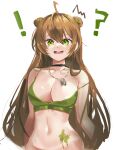  ! 1girl ? ahoge black_choker blush breasts brown_hair choker cleavage collarbone dano double_bun eyebrows_visible_through_hair girls&#039;_frontline green_eyes green_tank_top long_hair looking_at_viewer medium_breasts navel one-hour_drawing_challenge open_mouth rfb_(girls&#039;_frontline) solo sweat tank_top white_background 