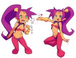  1girl arm_up blush breasts cropped_legs earrings green_eyes harem_pants heart jewelry leg_up long_hair looking_at_viewer medium_breasts metata multiple_views pants pointy_ears ponytail purple_hair red_pants shantae_(character) shantae_(series) simple_background very_long_hair white_background 
