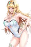  1girl bangs blonde_hair blush breasts choker cleavage eyebrows_visible_through_hair hand_on_hip hand_on_own_chest hand_up headgear large_breasts legs long_hair mythra_(xenoblade) one-piece_swimsuit parted_lips r-binon ribbed_swimsuit simple_background solo swimsuit thighlet thighs v-shaped_eyebrows white_background white_choker white_swimsuit xenoblade_chronicles_(series) xenoblade_chronicles_2 