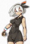 1girl arm_at_side bea_(pokemon) black_bodysuit black_hairband bodysuit bow_hairband breasts closed_mouth covered_nipples cowboy_shot dynamax_band expressionless gloves grey_hair gym_leader hair_between_eyes hairband hiro_(h-net) looking_at_viewer medium_breasts medium_hair outline outstretched_arms pokemon pokemon_(game) pokemon_swsh short_sleeves silver_eyes single_glove solo tan wing_collar 