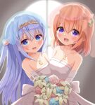  2girls :d bare_shoulders blue_eyes blue_flower blue_hair blue_rose bouquet breasts brown_hair cleavage collarbone commentary_request dress elbow_gloves flower fujii_tatsuya gloves gochuumon_wa_usagi_desu_ka? hair_flower hair_ornament hairclip highres hoto_cocoa kafuu_chino long_hair looking_at_viewer medium_breasts multiple_girls one_side_up open_mouth pink_flower pink_rose purple_eyes rose see-through smile strapless strapless_dress tiara veil very_long_hair white_dress white_gloves window 