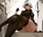  black_blindfold black_dress black_hairband blindfold boots breasts cleavage_cutout clothing_cutout covered_eyes dress feather-trimmed_sleeves fengya gloves hairband high_heel_boots high_heels highres juliet_sleeves katana leotard long_sleeves medium_breasts nier_(series) nier_automata puffy_sleeves silver_hair sword thigh_boots thighhighs thighhighs_under_boots vambraces weapon white_leotard yorha_no._2_type_b 