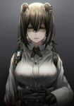  1girl animal_ears arknights black_background black_gloves blood bloody_clothes breasts brown_hair collared_shirt commentary_request ear_piercing eyebrows_visible_through_hair gloves gradient gradient_background grey_background hair_between_eyes highres kureneko large_breasts long_hair long_sleeves looking_at_viewer parted_lips piercing ponytail raccoon_ears raccoon_girl robin_(arknights) shaded_face shirt solo upper_body white_shirt yandere yellow_eyes 