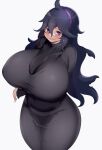  1girl @_@ ahoge alternate_breast_size arm_under_breasts bangs black_dress blue_hair breasts covered_navel dress furrowed_brow gigantic_breasts hair_between_eyes hairband hex_maniac_(pokemon) highres hyuuman impossible_clothes impossible_dress long_hair looking_at_viewer npc_trainer parted_lips pokemon pokemon_(game) pokemon_xy purple_eyes purple_hairband seductive_smile simple_background smile solo very_long_hair white_background 