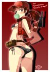  1girl ass belt bikini black_bikini breasts brown_eyes brown_hair bubble bubble_blowing chewing_gum commission dated english_text fingerless_gloves from_behind gloves gun hand_on_hip handgun highres holding holding_gun holding_weapon long_hair looking_at_viewer looking_back macaroni_hourensou medium_breasts metal_slug open_clothes open_vest ponytail red_eye_(metal_slug) red_gloves red_vest sideboob signature skeb_commission solo swimsuit utility_belt vest weapon 