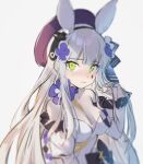  1girl animal_ears bangs bare_shoulders blush breasts bunny_ears cleavage commentary_request detached_sleeves dress eyebrows_visible_through_hair facial_mark frilled_sleeves frills girls&#039;_frontline green_eyes hair_ornament hairband hat hk416_(girls&#039;_frontline) ika_(4801055) large_breasts long_hair looking_at_viewer official_alternate_costume playing_with_own_hair sidelocks silver_hair sketch solo strapless strapless_dress upper_body wavy_mouth white_dress 