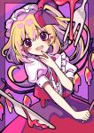  1girl :d bangs blonde_hair cowboy_shot eyebrows_visible_through_hair flandre_scarlet fork hat heart heart-shaped_pupils highres knife kyouda_suzuka long_hair looking_at_viewer mob_cap open_mouth pink_background puffy_short_sleeves puffy_sleeves purple_background purple_eyes red_nails red_neckwear red_skirt red_vest shirt short_sleeves side_ponytail skirt smile solo standing striped striped_background symbol-shaped_pupils touhou twitter_username two-tone_background vest white_headwear white_shirt wings 