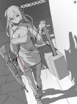  1girl bangs battle_rifle breasts circle_a cleavage cleavage_cutout clothing_cutout commentary_request full_body g3_(girls&#039;_frontline) girls&#039;_frontline greyscale gun h&amp;k_g3 hair_between_eyes headgear holding holding_gun holding_weapon large_breasts long_hair long_sleeves looking_at_viewer mod3_(girls&#039;_frontline) monochrome rifle shadow side_slit solo spot_color thighhighs weapon weapon_case zettai_ryouiki 