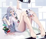  1girl alternate_costume alternate_hairstyle barefoot bottle bug commentary_request dual_persona grey_hair hair_between_eyes highres holding holding_bottle kumo_desu_ga_nani_ka? kumoko_(kumo_desu_ga_nani_ka?) long_hair nintendo_switch nnn_(nonightnomad) open_mouth panties pantyshot print_shirt purple_eyes shiraori shirt sitting solo spider spoilers t-shirt thread underwear white_panties white_shirt wine_bottle 