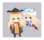  2girls arm_up bangs black_footwear black_headwear blonde_hair blue_bow blue_neckwear boots border bow brown_headwear cape chibi closed_mouth detached_sleeves dress eyebrows_visible_through_hair gap_(touhou) gloves green_skirt grey_background hair_between_eyes hair_bow hand_up harunohami hat hat_bow highres long_hair long_sleeves looking_at_viewer matara_okina multiple_girls open_mouth orange_cape orange_sleeves purple_dress purple_eyes purple_sleeves red_bow shirt short_sleeves simple_background skirt smile standing sun_symbol touhou umbrella white_border white_gloves white_headwear white_shirt yakumo_yukari yellow_eyes 