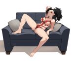  1girl arms_behind_head barefoot black_eyes black_hair blush boku_no_hero_academia breasts coach collarbone commission feet highres jason_kim large_breasts legs lingerie long_hair looking_at_viewer pillow ponytail sitting smile solo spread_legs thighs toes underwear underwear_only white_background yaoyorozu_momo 