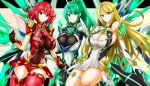  3girls bangs bare_legs bare_shoulders black_gloves blonde_hair breasts chest_jewel cleavage cleavage_cutout clothing_cutout dress earrings elbow_gloves fingerless_gloves gloves green_eyes green_hair high_heels hisin jewelry large_breasts long_hair multiple_girls mythra_(xenoblade) pneuma_(xenoblade) ponytail pyra_(xenoblade) red_eyes red_hair red_legwear red_shorts short_dress short_hair short_shorts shorts swept_bangs thigh_strap thighhighs tiara very_long_hair white_dress white_gloves xenoblade_chronicles_(series) xenoblade_chronicles_2 yellow_eyes 