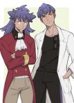 2boys bangs black_pants black_shirt blurry brothers buttons closed_mouth commentary_request cravat crossed_arms glasses hand_in_pocket highres hop_(pokemon) labcoat leon_(pokemon) long_hair long_sleeves male_focus multiple_boys older orange_eyes pants pokemon pokemon_(game) pokemon_swsh purple_hair remo0517 shirt short_hair siblings smile tailcoat white_neckwear 