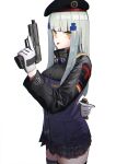  1girl absurdres bangs beret blue_hair blush checkered checkered_skirt eyebrows_visible_through_hair feet_out_of_frame girls&#039;_frontline gloves green_eyes gun hanabusaraleigh hand_on_back hat highres hk416_(girls&#039;_frontline) holding holding_gun holding_weapon long_hair looking_at_viewer skirt solo standing thighhighs tongue tongue_out uniform weapon white_background white_gloves 