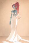  1girl blue_skin breasts collarbone colored_sclera colored_skin commentary_request dress full_body head_fins highres medium_breasts monster_girl noaharbre ponytail red_hair see-through smile solo standing undertale yellow_sclera 