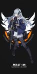  1girl absurdres agent_416_(girls&#039;_frontline) assault_rifle bangs commentary_request eyebrows_visible_through_hair facial_mark full_body gas_mask girls&#039;_frontline gloves green_eyes gun h&amp;k_hk416 hair_ornament highres hk416_(girls&#039;_frontline) holding holding_gun holding_weapon jacket knee_pads latin_text long_hair long_sleeves mask mask_around_neck official_alternate_costume open_clothes open_jacket optical_sight p416 pantyhose pleated_skirt respirator revision rifle shoes silver_hair skirt solo tom_clancy&#039;s_the_division umi_okami_kun uniform vertical_foregrip weapon white_skirt 
