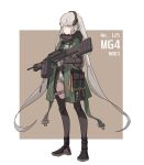  1girl absurdres black_legwear border brown_background character_name commentary einheadt english_commentary expressionless full_body girls&#039;_frontline gloves green_jacket grey_hair gun h&amp;k_mg4 headgear highres holding holding_gun holding_weapon jacket knee_pads long_hair looking_at_viewer machine_gun mg4_(girls&#039;_frontline) mod3_(girls&#039;_frontline) short_shorts shorts sidelocks simple_background solo thigh_strap trigger_discipline twintails very_long_hair weapon white_border white_shorts yellow_eyes 