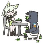  1girl 1other ambiguous_gender animal_ears arknights bangs cat_ears chibi closed_eyes doctor_(arknights) eating food fork gloves grass hood hooded_jacket jacket kal&#039;tsit_(arknights) rihi_ewokakune salad short_hair 