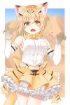  1girl animal_ear_fluff animal_ears bangs bare_shoulders blonde_hair bow bowtie breast_pocket breasts cat_ears cat_girl claw_pose commentary_request cowboy_shot elbow_gloves extra_ears fangs frilled_skirt frills gloves hair_between_eyes highres kemono_friends looking_at_viewer medium_breasts open_mouth pocket print_skirt sand_cat_(kemono_friends) shirt short_hair skirt sleeveless sleeveless_shirt solo sora_(sunday_sky) tail underskirt white_shirt yellow_bow yellow_eyes yellow_neckwear 