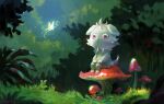  bug bush butterfly closed_mouth commentary_request espurr frogjem gen_6_pokemon glowing glowing_butterfly grass grey_fur highres insect mushroom no_humans outdoors parted_lips pokemon pokemon_(creature) purple_eyes signature sitting toes 