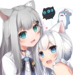  2girls animal_ears black_bow bloop_(gawr_gura) blue_eyes bow cat_ears collared_shirt commentary_request crossover gawr_gura green_eyes grey_hair hair_ornament heart highres hololive hololive_english indie_virtual_youtuber long_hair looking_at_viewer multiple_girls nacho_(amashiro_natsuki) sch shirt silver_hair simple_background sleeveless sleeveless_shirt upper_body virtual_youtuber white_background white_shirt 