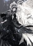  2girls bangs black_dress bracelet copyright_name dress earrings feathered_wings final_fantasy final_fantasy_xiv gaia_(ff14) grey_background greyscale halo highres holding_hands hyur jewelry long_hair looking_at_another mochinu monochrome multiple_girls open_mouth ryne signature swept_bangs veil white_dress wings 
