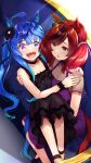  2girls :d ahoge bangs black_choker black_dress blue_eyes blue_hair blue_nails bow carrying choker commentary_request couch crossed_bangs dress ear_bow flower green_bow grey_eyes hair_flower hair_ornament hair_ribbon hands_on_another&#039;s_shoulders heterochromia highres long_hair merxkialis multiple_girls nail_polish nice_nature_(umamusume) on_couch open_mouth pink_nails princess_carry purple_dress purple_eyes red_eyes ribbon sharp_teeth shoes short_sleeves simple_background sleeveless sleeveless_dress smile teeth twin_turbo_(umamusume) twintails umamusume upper_teeth very_long_hair wrist_cuffs 