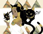  1girl animal_ears armlet bastet black_cat black_hair bracelet cat cat_ears commentary dark-skinned_female dark_skin detached_sleeves dress earrings egyptian egyptian_clothes egyptian_mythology gold hair_ornament hoop_earrings jewelry long_hair necklace original signature upper_body white_dress yazawan yellow_eyes 