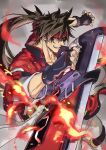  1boy brown_hair commentary_request cowboy_shot fingerless_gloves fire fireseal forehead_protector gloves grin guilty_gear jacket long_hair male_focus ponytail red_eyes red_jacket saeki_shun smile sol_badguy solo sword weapon 