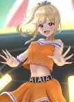  1girl \||/ absurdres bangs blonde_hair blurry blurry_background braid breasts gundamzukidayo hair_ornament hairclip highres love_live! love_live!_nijigasaki_high_school_idol_club medium_breasts medium_hair midriff miyashita_ai navel orange_skirt side_braid side_ponytail skirt solo strapless_shirt yellow_eyes 