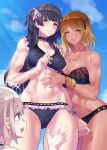  2girls 3girls abs anger_vein animal_print bangs bikini black_hair blonde_hair blunt_bangs breasts brown_eyes brown_hair closed_eyes dark-skinned_female dark_skin earrings eyebrows_visible_through_hair eyes_visible_through_hair flying_sweatdrops frilled_bikini frills gradient_hair gyaru highres idolmaster idolmaster_shiny_colors izumi_mei jewelry large_breasts leopard_print long_eyelashes long_hair mayuzumi_fuyuko mizuumi_(bb) multicolored_hair multiple_girls serizawa_asahi strapless strapless_bikini straylight_(idolmaster) swimsuit 