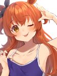  1girl ant_m22 armpits breasts cleavage collarbone commentary_request highres looking_at_viewer mayano_top_gun_(umamusume) one_eye_closed orange_eyes orange_hair portrait salute school_swimsuit simple_background small_breasts solo swimsuit tongue tongue_out umamusume white_background 