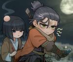  2boys anger_vein black_hair blue_eyes blurry blurry_background blush bob_cut brown_gloves closed_mouth crying depth_of_field eyebrows_visible_through_hair full_moon gloves green_eyes grey_scarf haori head_bump holding holding_sword holding_weapon jacket japanese_clothes katana kuro_the_divine_heir male_focus medium_hair moon multicolored_hair multiple_boys ninja orange_jacket outdoors parted_lips ponytail prosthesis prosthetic_arm sanpaku sash scarf sekiro sekiro:_shadows_die_twice sheath sparrowl streaked_hair sword tears unsheathing weapon 