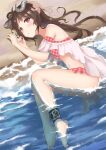  1girl :o animal_ears arknights bangs bare_legs bare_shoulders barefoot bikini brown_hair commentary eyjafjalla_(arknights) eyjafjalla_(summer_flowers)_(arknights) highres horns infection_monitor_(arknights) long_hair looking_at_viewer navel off-shoulder_bikini off_shoulder parted_lips red_eyes sheep_ears sheep_horns short_sleeves solo stomach swimsuit thighs water yuetsu 