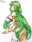  1girl ass bikini blush breasts green_eyes green_hair jewelry kid_icarus large_breasts long_hair long_legs looking_at_viewer mina_cream palutena simple_background smile solo super_smash_bros. swimsuit tiara very_long_hair 