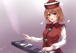  1girl absurdres bangs blush breasts brown_hair buttons collar dress eyebrows_visible_through_hair eyes_visible_through_hair gradient gradient_background hair_between_eyes hat highres instrument keenii_(kenny86) light long_sleeves looking_at_viewer lyrica_prismriver medium_breasts music open_mouth petals piano pink_background playing_instrument red_collar red_dress red_headwear short_hair smile solo touhou white_sleeves yellow_eyes 