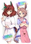  2girls :d animal_ears animal_print apron blue_eyes blush bow brown_eyes brown_hair cat_print character_name cropped_legs crossed_arms ear_covers gameplay_mechanics grey_background hair_bow horse_ears horse_girl horse_tail kappougi long_hair long_sleeves looking_at_viewer multiple_girls narita_taishin_(umamusume) nice_nature_(umamusume) odawara_hakone open_mouth pleated_skirt school_uniform short_hair skirt smile tail thighhighs tracen_school_uniform twintails two-tone_background umamusume white_background white_legwear white_skirt zettai_ryouiki 