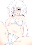  1girl absurdres bare_shoulders blue_eyes blush bra breasts collarbone commentary_request crotch highres konno_junko long_hair looking_at_viewer low_twintails ma-yu medium_breasts navel open_mouth panties solo spread_legs twintails underwear underwear_only white_background white_bra white_hair white_panties zombie_land_saga 
