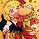  1girl black_dress blonde_hair burger commentary_request dated dress drooling food hair_ribbon holding holding_food long_sleeves maaru_(akira428) one-hour_drawing_challenge open_mouth red_eyes red_neckwear red_ribbon ribbon ringed_eyes rumia sharp_teeth shirt short_hair solo teeth too_much_burger touhou upper_body white_shirt yellow_background 