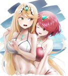  2girls absurdres beach bikini blonde_hair breasts chest_jewel earrings gem highres jewelry large_breasts lilcat long_hair multiple_girls mythra_(xenoblade) pyra_(xenoblade) red_eyes red_hair short_hair swimsuit tiara xenoblade_chronicles_(series) xenoblade_chronicles_2 