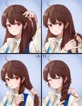  1girl absurdres ahoge asamayuki_ra braid braiding_hair brown_hair hairdressing highres long_hair multiple_views red_eyes smile upper_body vocaloid vsinger yuezheng_ling 