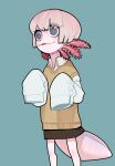  1girl animal_ears axolotl_girl blue_background brown_skirt brown_vest collared_shirt colored_skin cowboy_shot grey_eyes head_fins long_sleeves original parted_lips pink_hair pink_skin shirt short_hair simple_background skirt sleeves_past_fingers sleeves_past_wrists solo sparrowl standing sweater_vest vest white_shirt wing_collar 