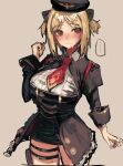  1girl absurdres akitaka_takaaki blonde_hair blush breasts brown_eyes girls&#039;_frontline highres large_breasts mp40_(girls&#039;_frontline) official_alternate_costume solo sweat sweating_profusely thigh_strap undersized_clothes 