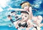  5girls adapted_costume armpits ass bare_arms bare_legs bikini bismarck_(kancolle) black_bikini blonde_hair blue_eyes blue_sky blush breasts clothes_writing cloud commentary_request day from_side hair_ornament hat highres kantai_collection kochipu large_breasts long_hair multiple_girls ocean open_mouth outdoors partially_submerged peaked_cap pointing prinz_eugen_(kancolle) sailor_collar sailor_hat short_hair side-tie_bikini silver_hair sky small_breasts smile swimsuit teeth twintails u-511_(kancolle) visor_cap water wristband z1_leberecht_maass_(kancolle) z3_max_schultz_(kancolle) 